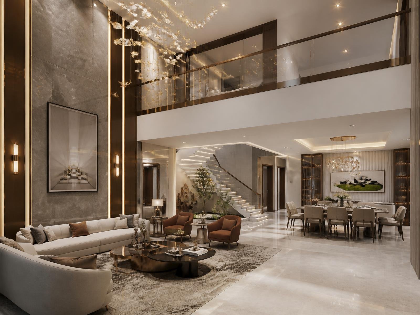 Double-height living and dining space of a modern Chennai residence